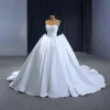High-end Ivory Lace Flower Satin Wedding Dresses 2023 Ball Gown Strapless Sleeveless Backless Royal Train Wedding