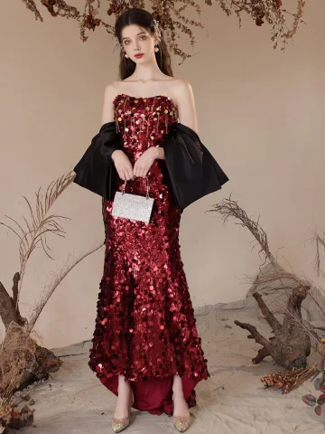Charmant Bordeaux Paillettes Robe De Soirée 2024 Trompette Sirène Bustier Manches Courtes Dos Nu Longue Soirée Robe De Ceremonie