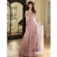 Chic / Beautiful Blushing Pink Beading Pearl Appliques Prom Dresses 2024 A-Line / Princess Off-The-Shoulder Short Sleeve Backless Floor-Length / Long Prom Formal Dresses