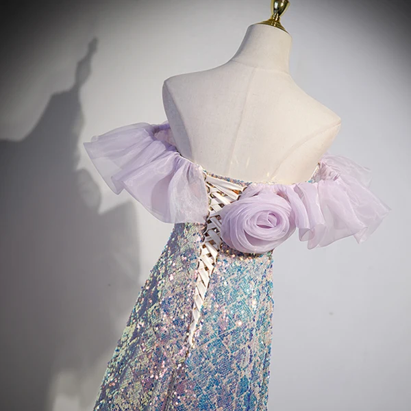 Sexy Sparkly Lavender Laser Sequins Evening Dresses 2023 A-Line / Princess Off-The-Shoulder Sleeveless Backless Floor-Length / Long Evening Party Formal Dresses