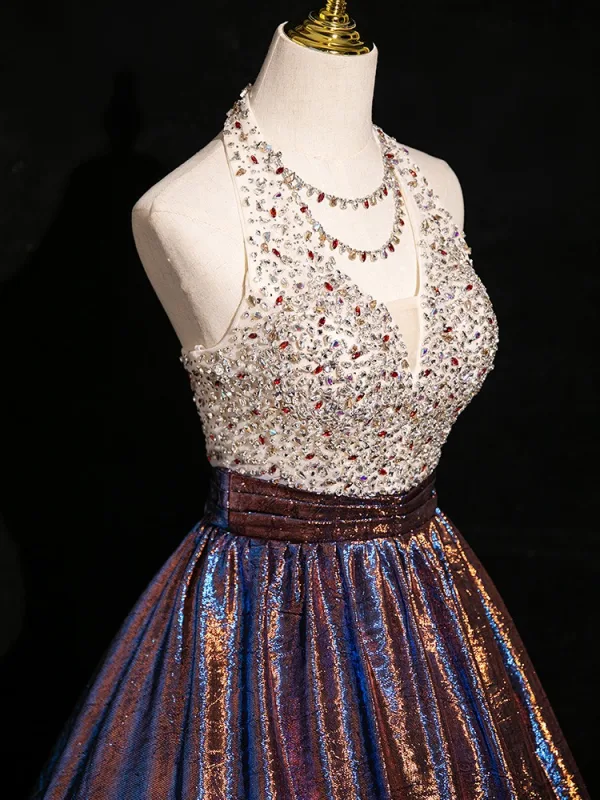 Charming Coffee Glitter Rhinestone Sequins Prom Dresses 2024 Ball Gown Halter Sleeveless Backless Floor-Length / Long Prom Formal Dresses