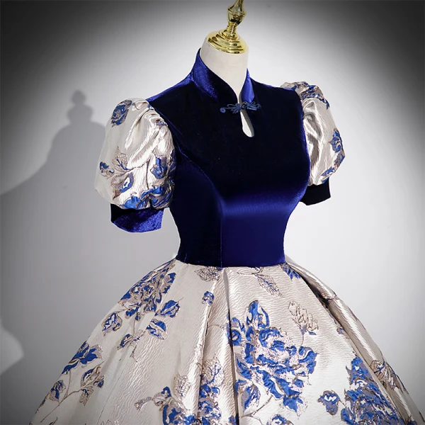 Chinese style Vintage / Retro Navy Blue Printing Prom Dresses 2023 Ball Gown High Neck Short Sleeve Floor-Length / Long Prom Formal Dresses