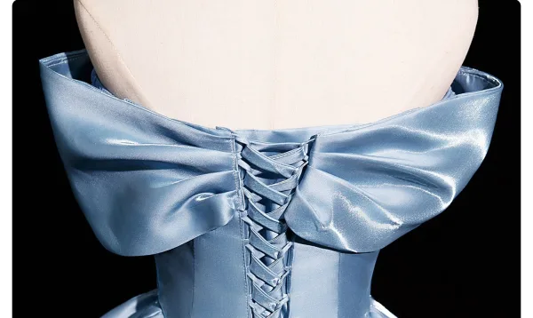 Elegant Sky Blue Satin Prom Dresses 2025 Ball Gown Off-The-Shoulder Short Sleeve Backless Floor-Length / Long Prom Formal Dresses