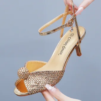 Sexy Gold Rhinestone Summer Evening Party Womens Sandals 2024 Ankle Strap 6 Cm Stiletto Heels Open Peep Toe Sandals High Heels