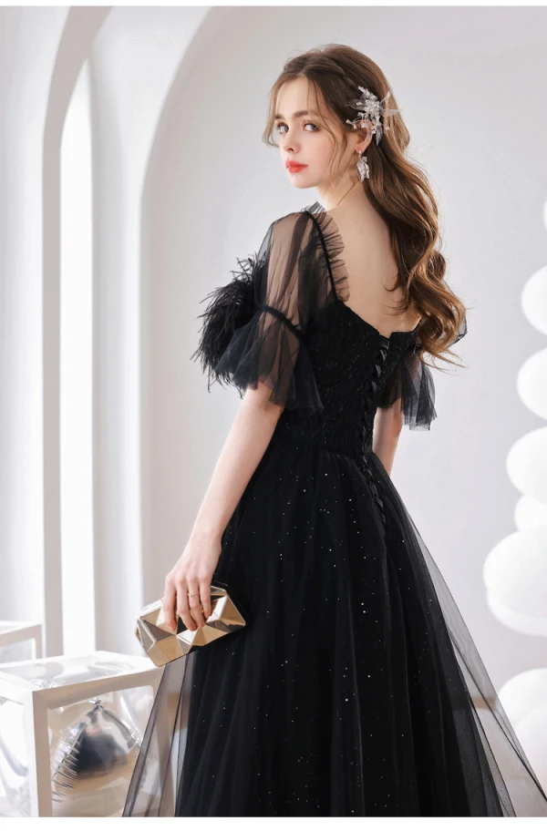 Charming Black Feather Beading Sequins Prom Dresses 2022 A-Line Princess Square Neckline Charming Black Feather Beading Sequins Prom Dresses 2022 A-Line Princess Square Neckline