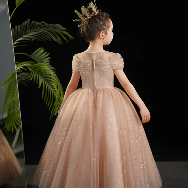 Elegant Champagne Glitter Birthday Flower Girl Dresses 2024 Ball Gown Scoop Neck Short Sleeve Floor-Length / Long