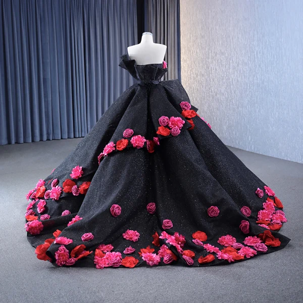 High-end Flower Fairy Black Appliques Sequins Prom Dresses 2023 Ball Gown Strapless Sleeveless Backless Sweep Train Prom Formal Dresses