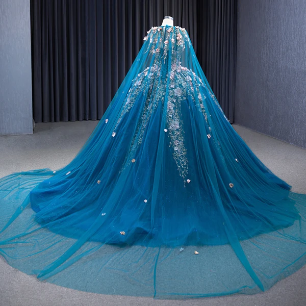 High-end Vintage / Retro Ocean Blue Handmade  Pearl Appliques Sequins Prom Dresses 2023 Ball Gown Halter Sleeveless Backless Floor-Length / Long Prom