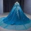 High-end Vintage / Retro Ocean Blue Handmade  Pearl Appliques Sequins Prom Dresses 2023 Ball Gown Halter Sleeveless Backless Floor-Length / Long Prom