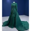 High-end Dark Green Trumpet / Mermaid Prom Dresses 2022 High Neck Long Sleeve Backless Beading Pearl Sequins Lace Flower Court Train Formal Dresses