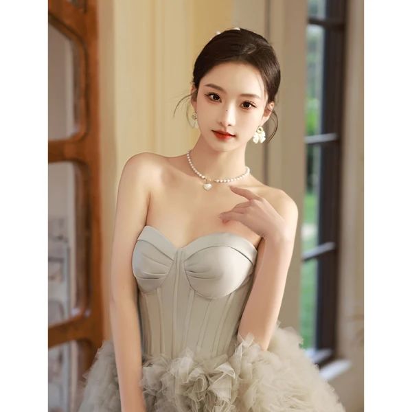 Charming Pleated Sage Green Prom Dresses 2023 Ball Gown Strapless Sleeveless Backless Court Train Prom Formal Dresses