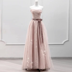 Chic Beautiful Blushing Pink Sequins Prom Dresses 2023 A Line Princess Strapless Sleeveless Backless Bow Sash Floor Length Long Formal Dresses