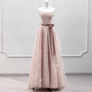 Schöne Rosa Pailletten Ballkleider 2023 A Linie Bandeau Ärmellos Rückenfreies Schleife Stoffgürtel Lange Festliche Kleider