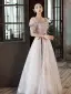 Chic / Belle Rougissant Rose Paillettes Robe De Bal 2022 Princesse Encolure Carrée Manches Courtes Dos Nu Noeud Longue Promo Robe De Ceremonie