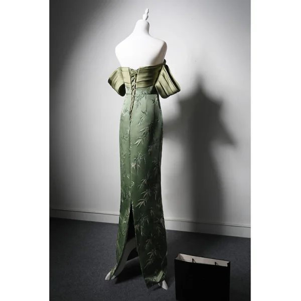 Chinese style Clover Green Printing Prom Cheongsam 2024 Trumpet / Mermaid Off-The-Shoulder Short Sleeve Backless Floor-Length / Long