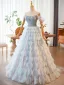 High-end Sky Blue Beading Rhinestone Cascading Ruffles Prom Dresses 2024 Ball Gown Off-The-Shoulder Sleeveless Backless Floor-Length / Long Prom Formal Dresses