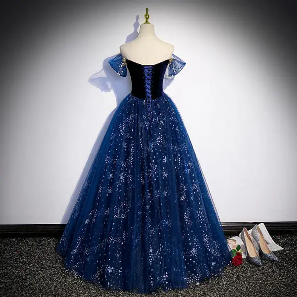 Charmant Bleu Marine Robe De Soirée 2022 Robe Boule De l'épaule Perlage Perle Paillettes Manches Courtes Dos Nu Longue Soirée Robe De Ceremonie