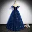 Charmant Bleu Marine Robe De Soirée 2022 Robe Boule De l'épaule Perlage Perle Paillettes Manches Courtes Dos Nu Longue Soirée Robe De Ceremonie