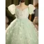 Chic / Beautiful Sage Green Appliques Birthday Flower Girl Dresses 2024 Ball Gown Scoop Neck Puffy Short Sleeve Backless Floor-Length / Long