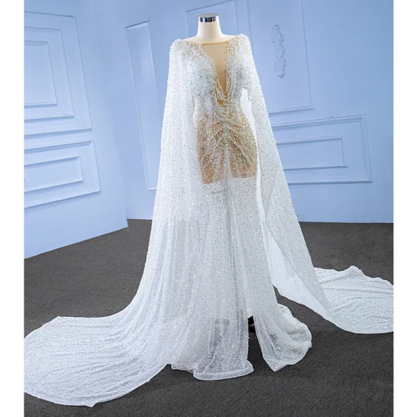 Luxury / Gorgeous Ivory Handmade  Beading Sequins Pearl Wedding Dresses 2022 Trumpet / Mermaid Scoop Neck Long Sleeve Backless Sweep Train Wedding