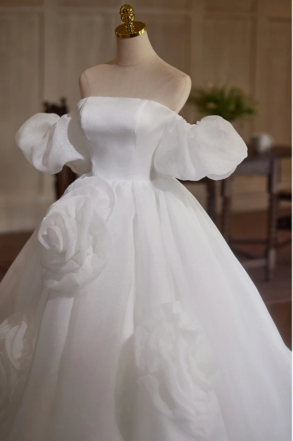 Vintage / Originale Blanche Appliques Robe De Bal 2024 Robe Boule De l'épaule Gonflée Manches Courtes Dos Nu Longue Promo Robe De Ceremonie