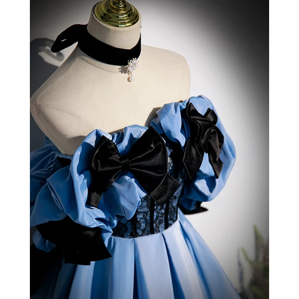 Elegant Pool Blue Satin Prom Dresses 2022 A-Line / Princess Strapless Sleeveless Backless Bow Pearl Sequins Floor-Length / Long Formal Dresses