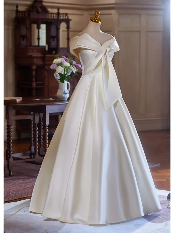 Modest / Simple Elegant White Satin Wedding Dresses 2024 Ball Gown V-Neck Short Sleeve Backless Floor-Length / Long Wedding