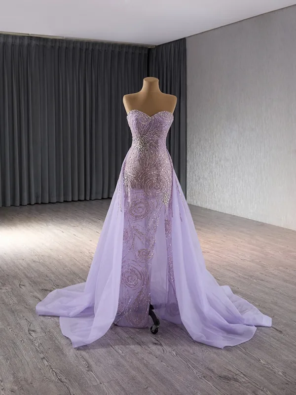 Haut de Gamme Lavande Fait main Perlage Faux Diamant Paillettes Robe De Bal 2024 Trompette / Sirène De l'épaule Gland 1/2 Manches Dos Nu Train De Balayage Promo