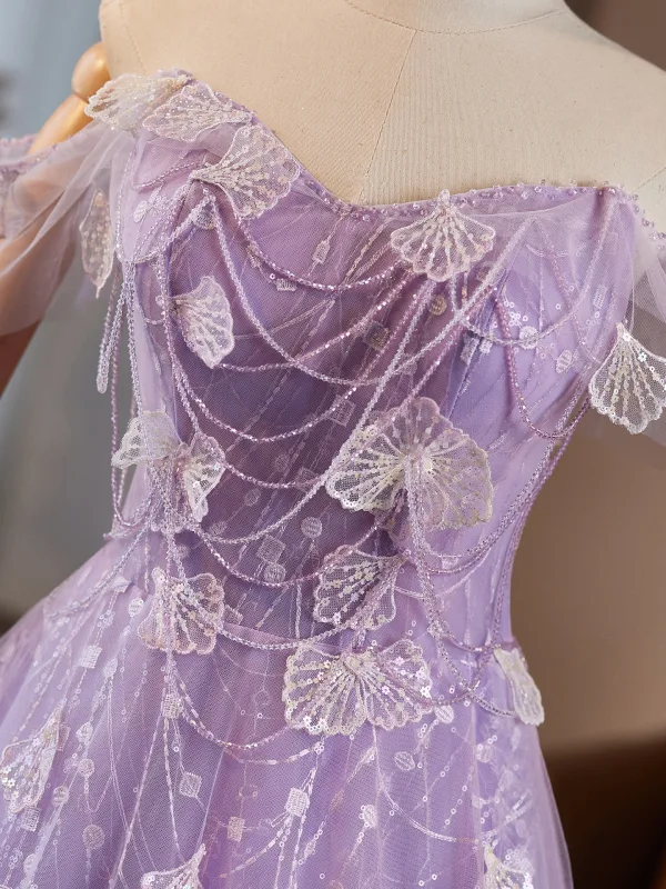 Chic / Beautiful Lavender Beading Sequins Prom Dresses 2025 A-Line / Princess Off-The-Shoulder Sleeveless Backless Floor-Length / Long Formal Dresses