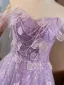 Chic / Beautiful Lavender Beading Sequins Prom Dresses 2025 A-Line / Princess Off-The-Shoulder Sleeveless Backless Floor-Length / Long Formal Dresses