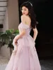 Modest / Simple Lavender Lace Flower Prom Dresses A-Line / Princess 2023 Off-The-Shoulder Sleeveless Backless Floor-Length / Long Tulle Prom Formal Dresses