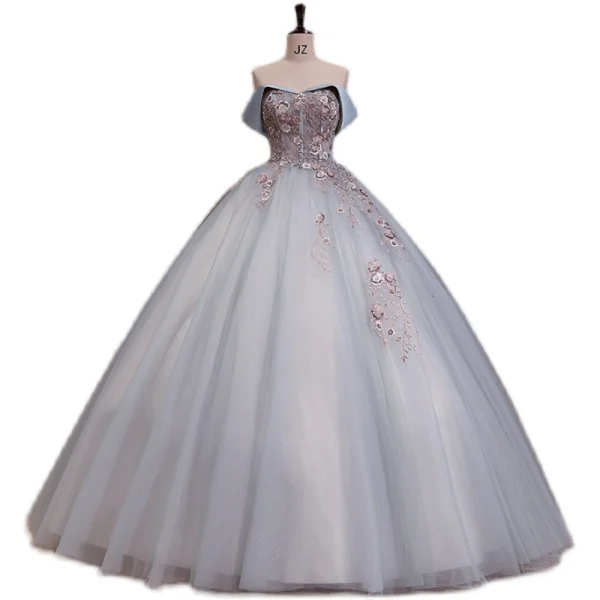 Chic / Beautiful Sky Blue Sequins Lace Flower Prom Dresses 2022 Ball Gown Strapless Sleeveless Backless Floor-Length / Long Formal Dresses