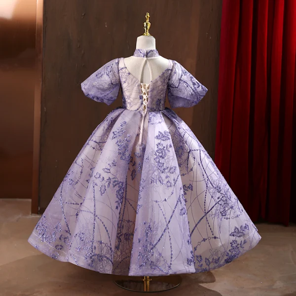 Elegant Lavender Glitter Sequins Flower Girl Dresses 2022 Ball Gown High Neck Bell sleeves Backless Prom Floor-Length / Long Flower Girl Dresses