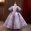 Elegant Lavender Glitter Sequins Flower Girl Dresses 2022 Ball Gown High Neck Bell sleeves Backless Prom Floor-Length / Long Flower Girl Dresses