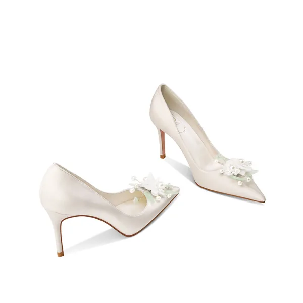 Chic / Beautiful Ivory Satin Pearl Flower Wedding Pumps 2022 Leather 8 cm Stiletto Heels Pointed Toe Pumps High Heels
