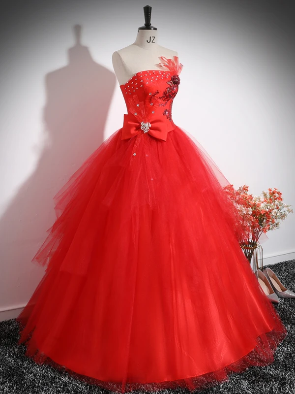 Chic / Beautiful Red Rhinestone Sequins Lace Flower Prom Dresses 2024 Ball Gown Strapless Sleeveless Backless Floor-Length / Long Prom Formal Dresses