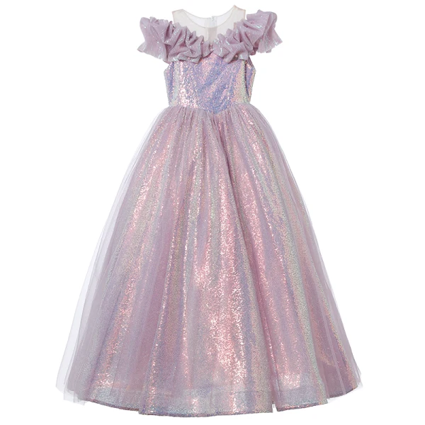 Chic / Beautiful Lavender Glitter Sequins Birthday Flower Girl Dresses 2023 Ball Gown Ruffle Off-The-Shoulder Short Sleeve Floor-Length / Long