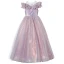 Chic / Beautiful Lavender Glitter Sequins Birthday Flower Girl Dresses 2023 Ball Gown Ruffle Off-The-Shoulder Short Sleeve Floor-Length / Long