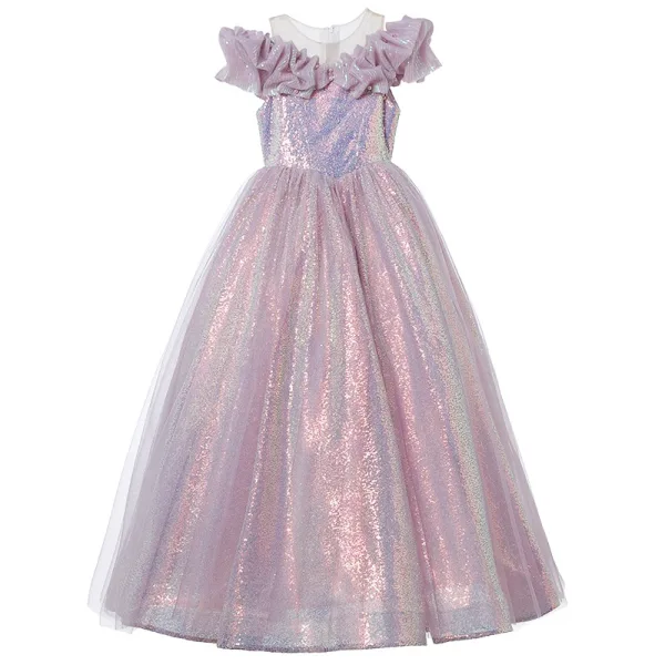 Sparkly Lilac Pearl Sequins Birthday Ball Gown Flower Girl Dresses 2024 Scoop Neck Short Sleeve Floor-Length / Long