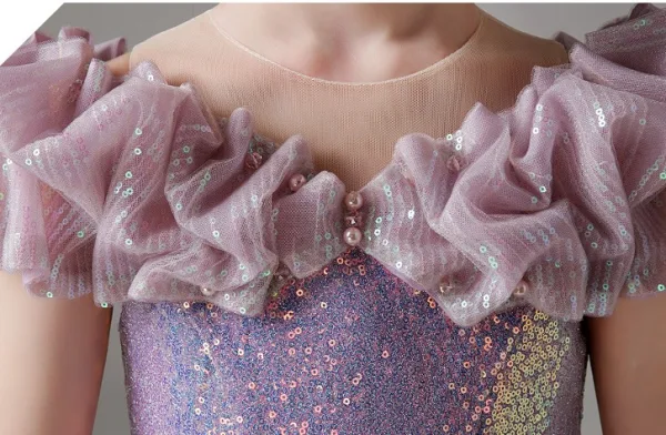 Sparkly Lilac Pearl Sequins Birthday Ball Gown Flower Girl Dresses 2024 Scoop Neck Short Sleeve Floor-Length / Long
