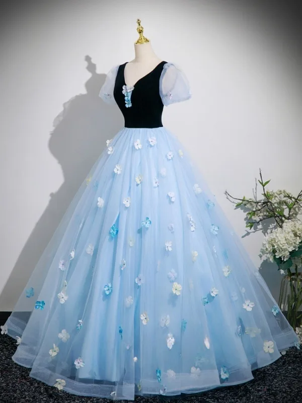 Schöne Himmelblau Applikationen Ball Ballkleider 2025 Ballkleid V-Ausschnitt Kurze Ärmel Rückenfreies Lange Festliche Kleider