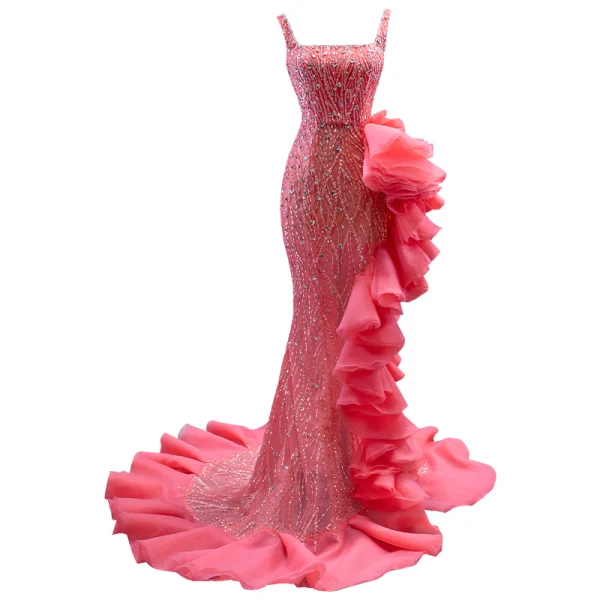 Haut de Gamme Chic / Belle Rose Bonbon Perlage Faux Diamant Paillettes Volants Robe De Soirée 2023 Trompette / Sirène Encolure Carrée Sans Manches Dos Nu Tribunal Train Soirée