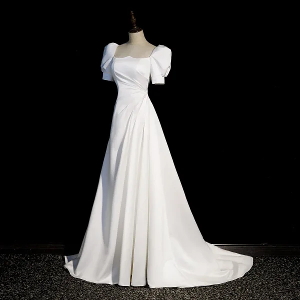 Modest / Simple White Satin Prom Dresses 2022 A-Line / Princess Square Neckline Puffy Short Sleeve Bow Backless Court Train Prom Formal Dresses