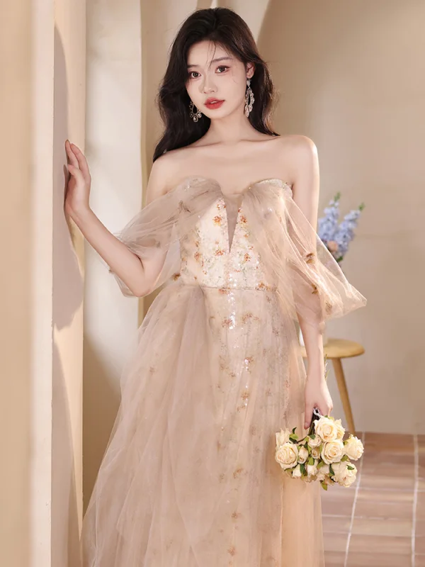 Charming Champagne Sequins Printing Prom Dresses 2024 A-Line / Princess Off-The-Shoulder Sleeveless Backless Floor-Length / Long Prom Formal Dresses