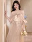 Charming Champagne Sequins Printing Prom Dresses 2024 A-Line / Princess Off-The-Shoulder Sleeveless Backless Floor-Length / Long Prom Formal Dresses