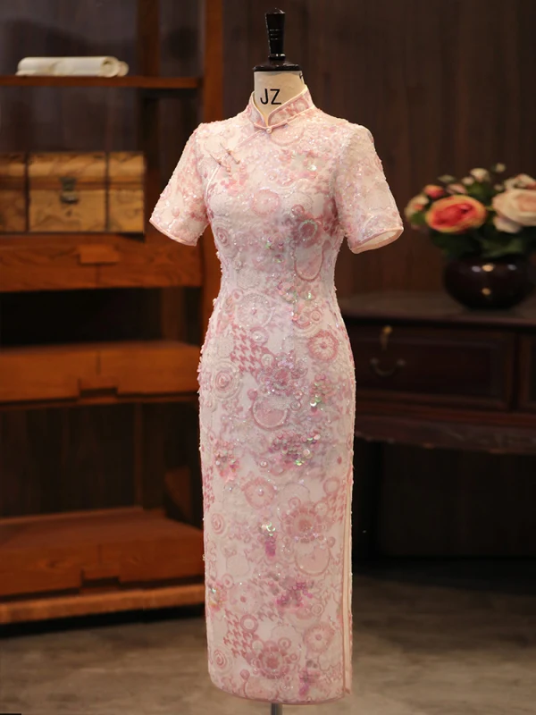 Bling Bling Blushing Pink Lace Sequins Evening Party Cheongsam 2024 Trumpet / Mermaid High Neck Short Sleeve Tea-length