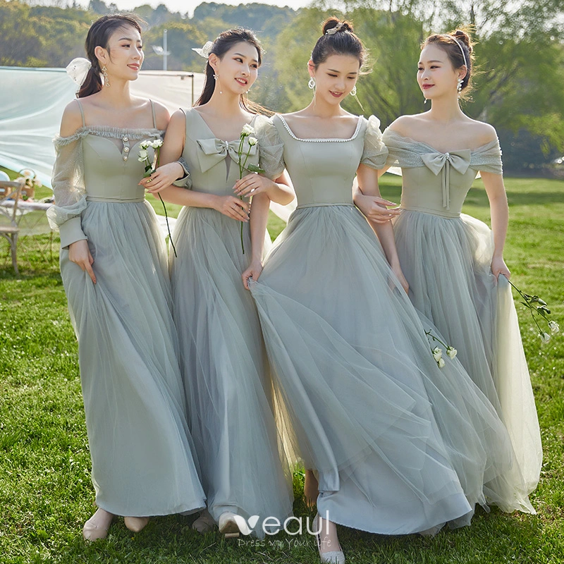 Modest / Simple Mint Green Lace Flower Bridesmaid Dresses 2021 A-Line /  Princess Scoop Neck 1/2 Sleeves Backless Floor-Length / Long Wedding Party  Dresses