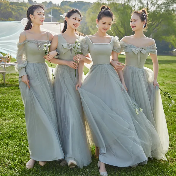 Modest / Simple Mint Green Bow Bridesmaid Dresses 2022 A-Line / Princess Short Sleeve Backless Floor-Length / Long Wedding Party Dresses