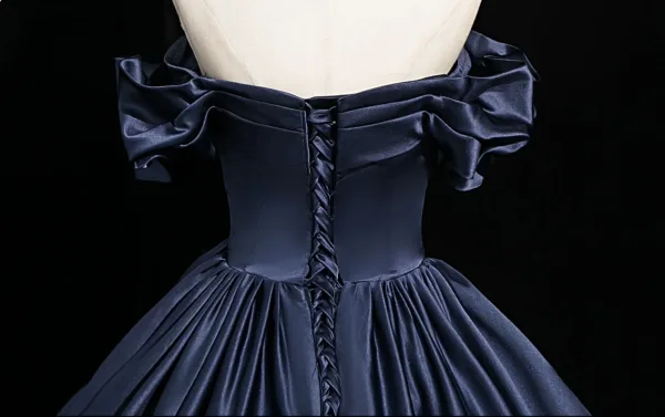 Vintage / Retro Navy Blue Bow Satin Prom Dresses 2025 Ball Gown Off-The-Shoulder Short Sleeve Backless Floor-Length / Long Formal Dresses