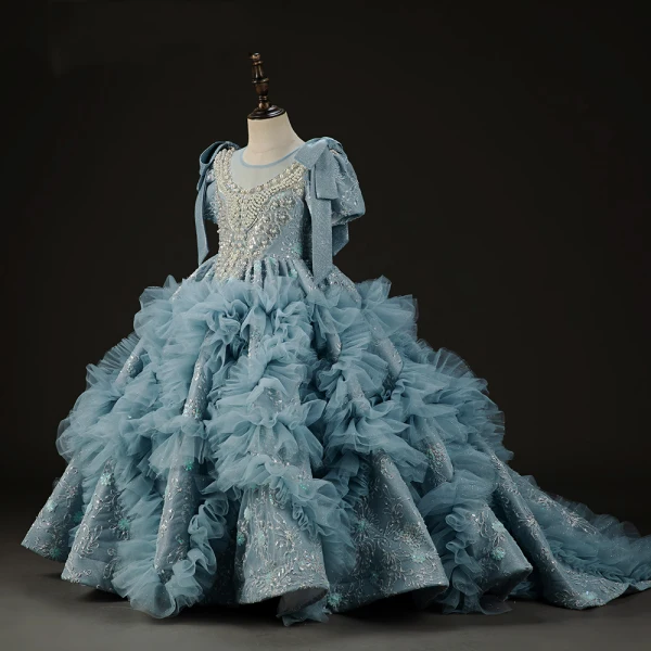 Luxury / Gorgeous Sky Blue Beading Pearl Sequins Cascading Ruffles Birthday Flower Girl Dresses 2023 Ball Gown Scoop Neck Short Sleeve Bow Backless Sweep Train